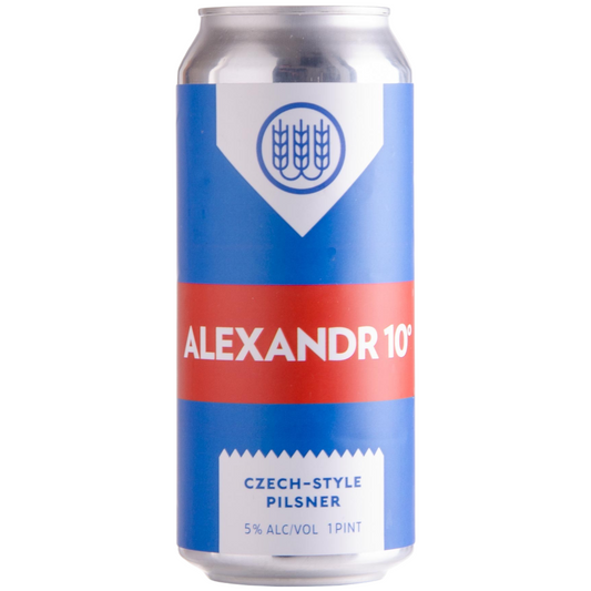 Stowe Public House & Bottle Shop Alexandr Czech-style Pilsner beer can. Blue and red label with white accents and wheat graphic.