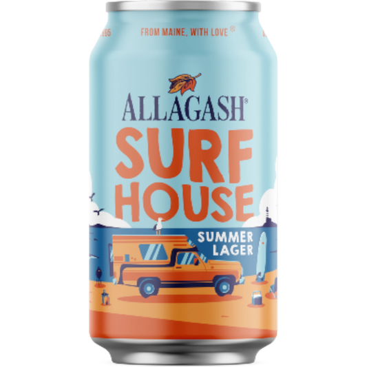 Stowe Public House Allagash Surf House Summer Lager can with a beach scene, orange truck, and surfboard.