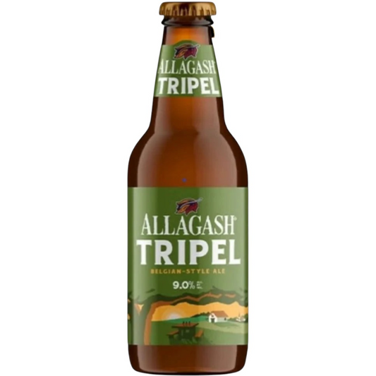 Stowe Public House & Bottle Shop: Allagash Brewing Co. Tripel Belgian-style ale bottle, 9.0% ABV, with green label featuring landscape.