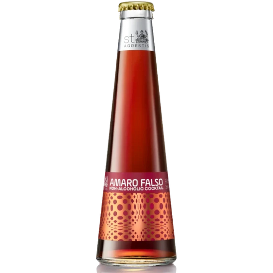 Stowe Public House & Bottle Shop Amaro Falso non-alcoholic cocktail in a tall glass bottle with a red-orange hue.