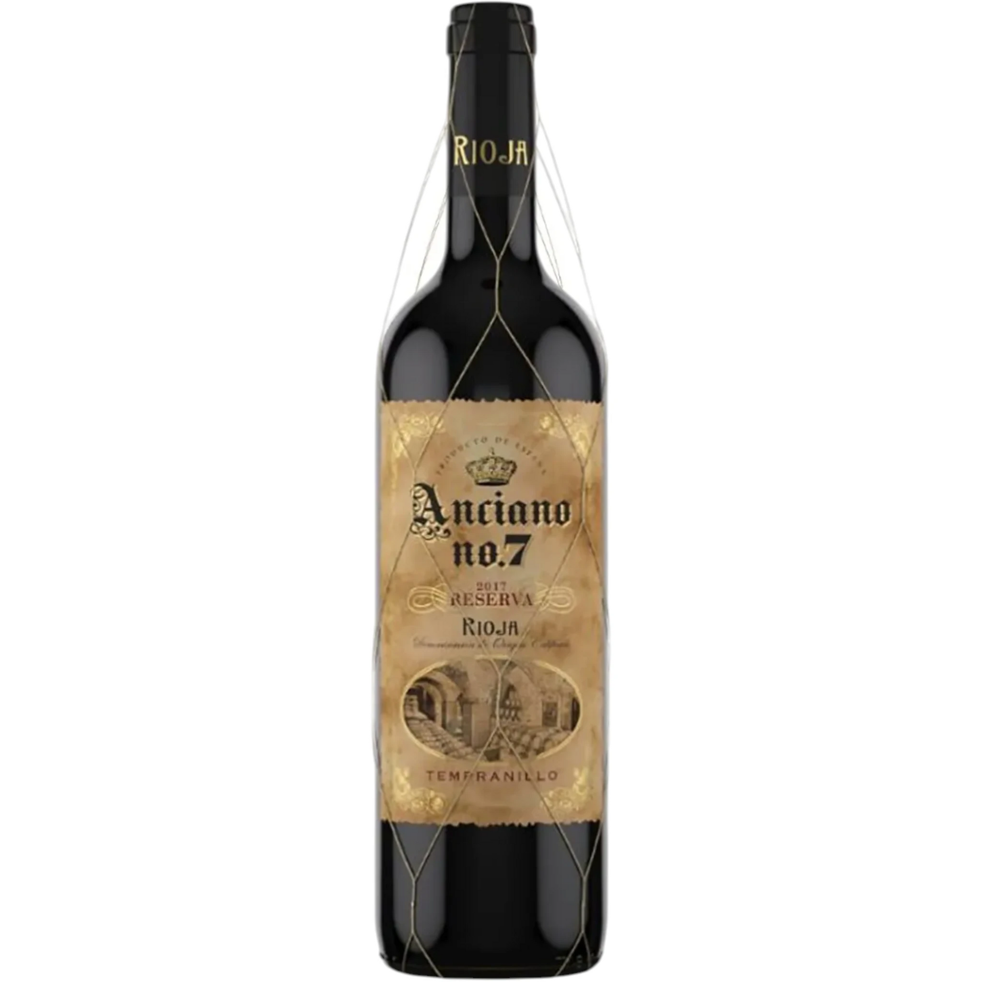 Stowe Public House & Bottle Shop Anciano No. 7 Rioja Reserva Tempranillo red wine bottle with gold netting.