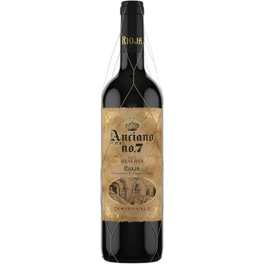Stowe Public House & Bottle Shop Anciano No. 7 Rioja Reserva Tempranillo red wine bottle with gold netting.