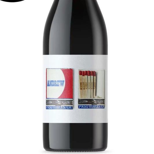 Stowe Public House & Bottle Shop Andrew Syrah red wine from Paso Robles, CA. Features a label with a red and white design and matches.