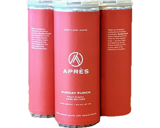 Stowe Public House & Bottle Shop Apres Sunday Punch fruit punch hard seltzer cans with retro-inspired design.