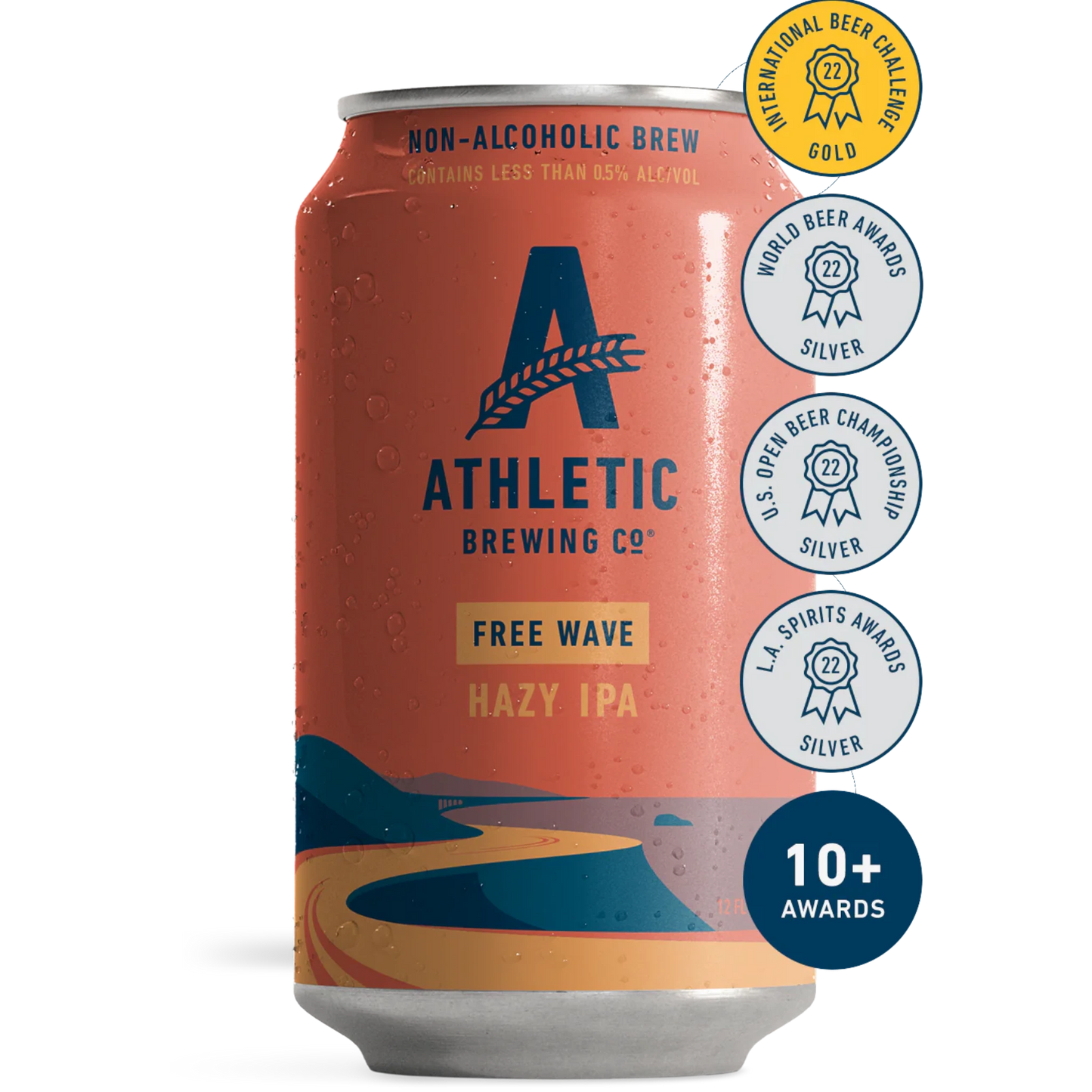 Stowe Public House & Bottle Shop Athletic Brewing Free Wave non-alcoholic hazy IPA can with awards.