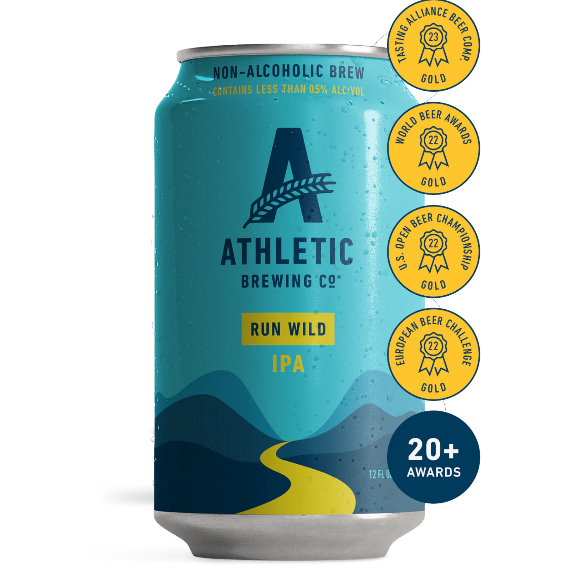 Stowe Public House & Bottle Shop: Athletic Brewing Run Wild non-alcoholic IPA can with blue and green mountain landscape.