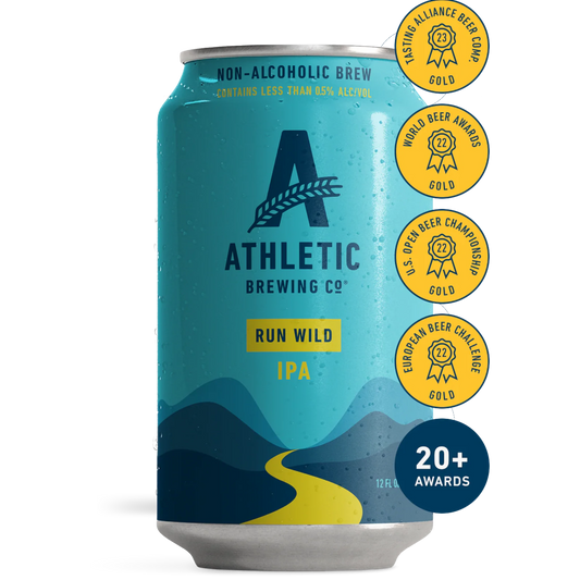 Stowe Public House & Bottle Shop: Athletic Brewing Run Wild non-alcoholic IPA can with blue and green mountain landscape.