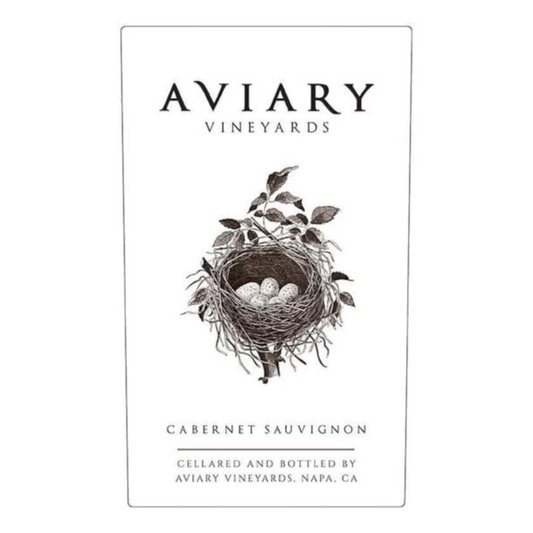 Stowe Public House & Bottle Shop Aviary Napa Cabernet Sauvignon wine bottle label with bird's nest illustration.