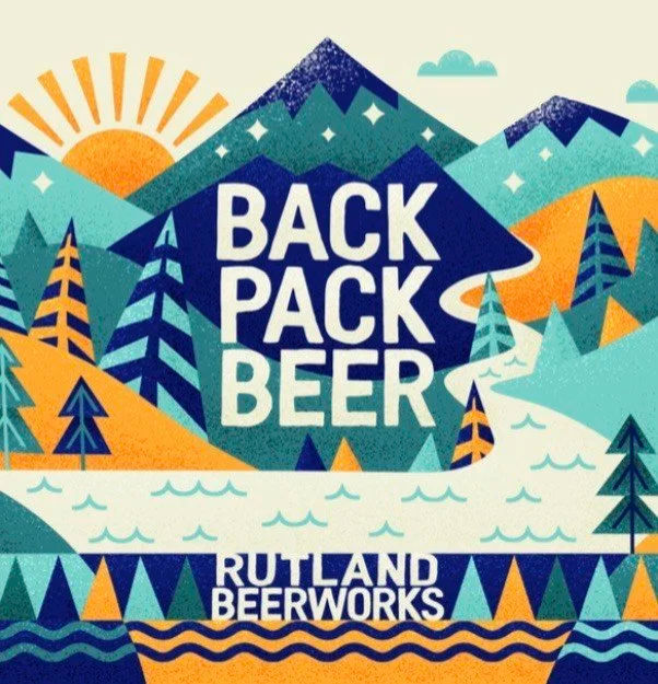 Stowe Public House & Bottle Shop Rutland Beer Works Backpack Lager with mountain and sun graphic.