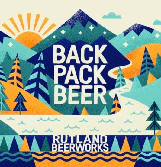 Stowe Public House & Bottle Shop Rutland Beer Works Backpack Lager with mountain and sun graphic.