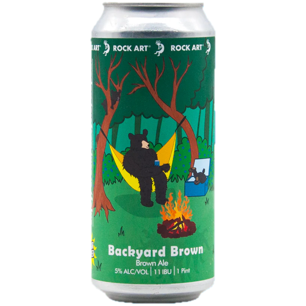 Stowe Public House & Bottle Shop Rock Art Brewery Backyard Brown Ale can with a bear in a hammock by a campfire.