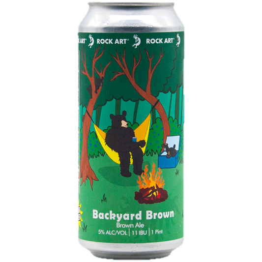Stowe Public House & Bottle Shop Rock Art Brewery Backyard Brown Ale can with a bear in a hammock by a campfire.