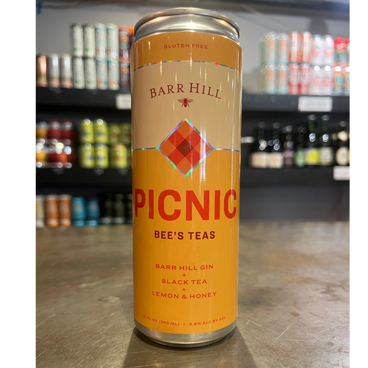 Stowe Public House & Bottle Shop Barr Hill Bee's Teas Picnic canned cocktail with gin, black tea, lemon, and honey. Gluten-free.
