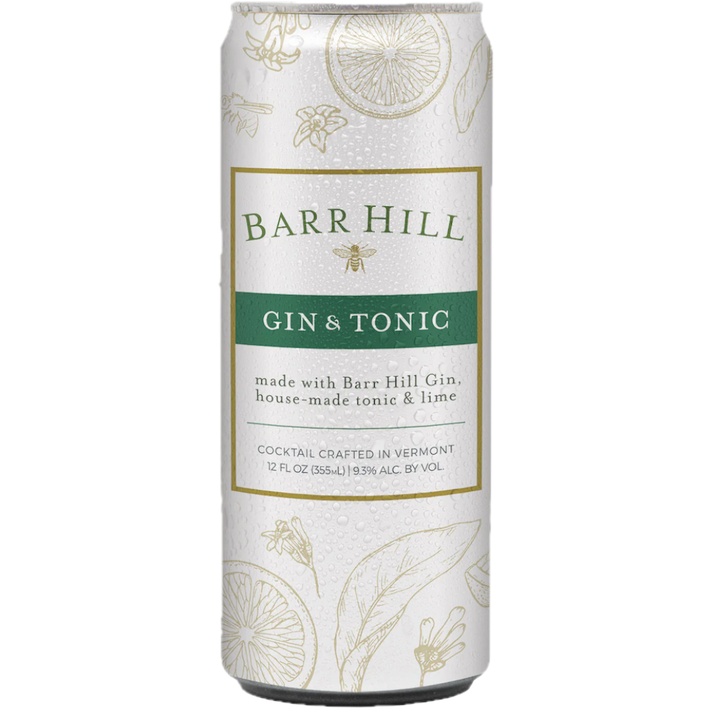 Stowe Public House & Bottle Shop Barr Hill Gin & Tonic cocktail can with lime and botanical illustrations.
