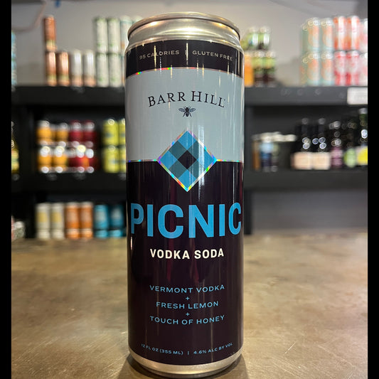 Stowe Public House & Bottle Shop Barr Hill Picnic Vodka Soda can with Vermont vodka, fresh lemon, and honey. 95 calories, gluten-free.