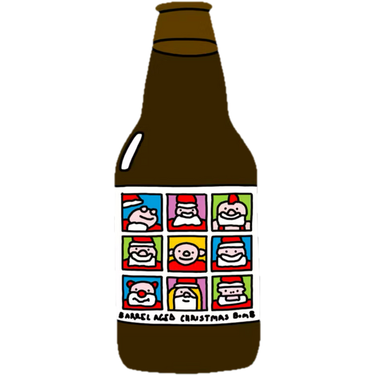 Stowe Public House & Bottle Shop prairie artisan ales Barrel Aged Christmas Bomb! imperial stout with cinnamon, cacao, coffee, vanilla, and chiles. Bottle features a label with nine cartoon faces.