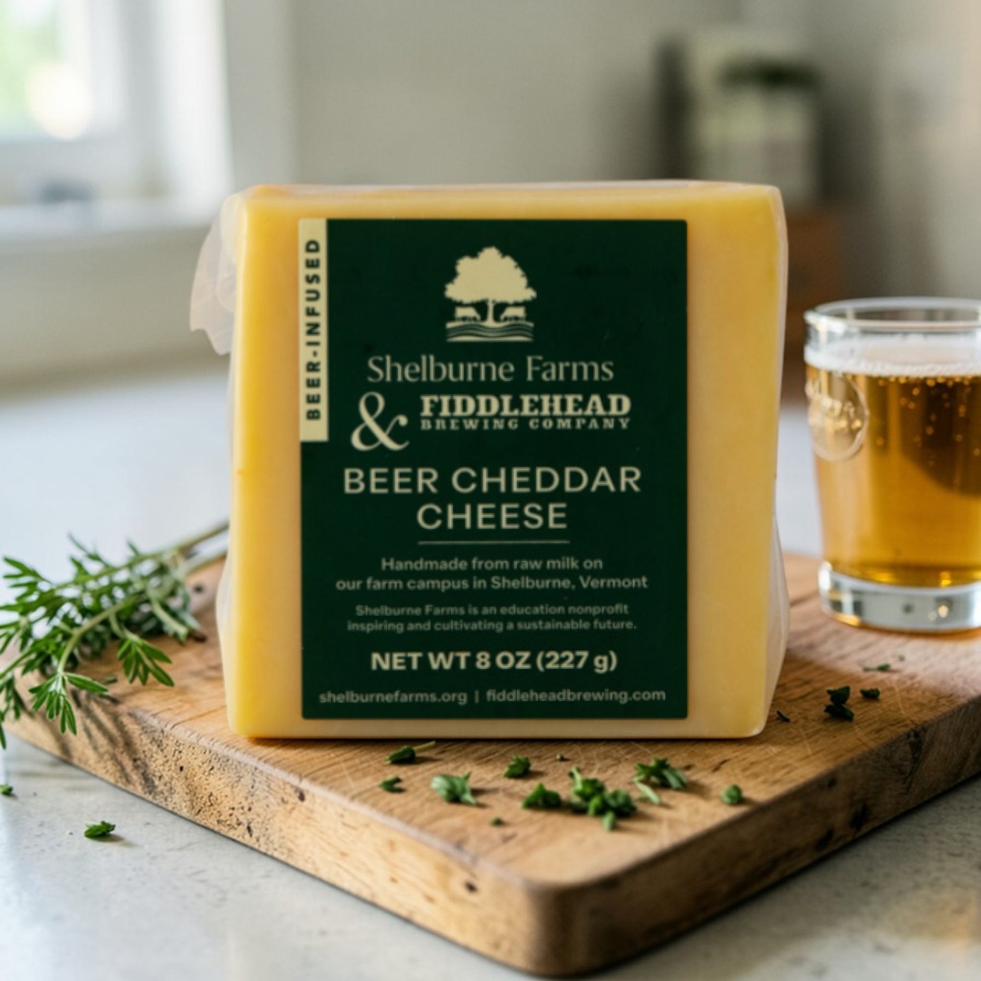 Stowe Public House & Bottle Shop Shelburne Farms Beer Cheddar Cheese, handmade from raw milk, infused with Fiddlehead IPA.