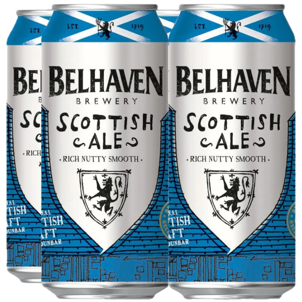 Stowe Public House & Bottle Shop: Belhaven Scottish Ale cans, ruby colour, malty and hoppy flavour profile.
