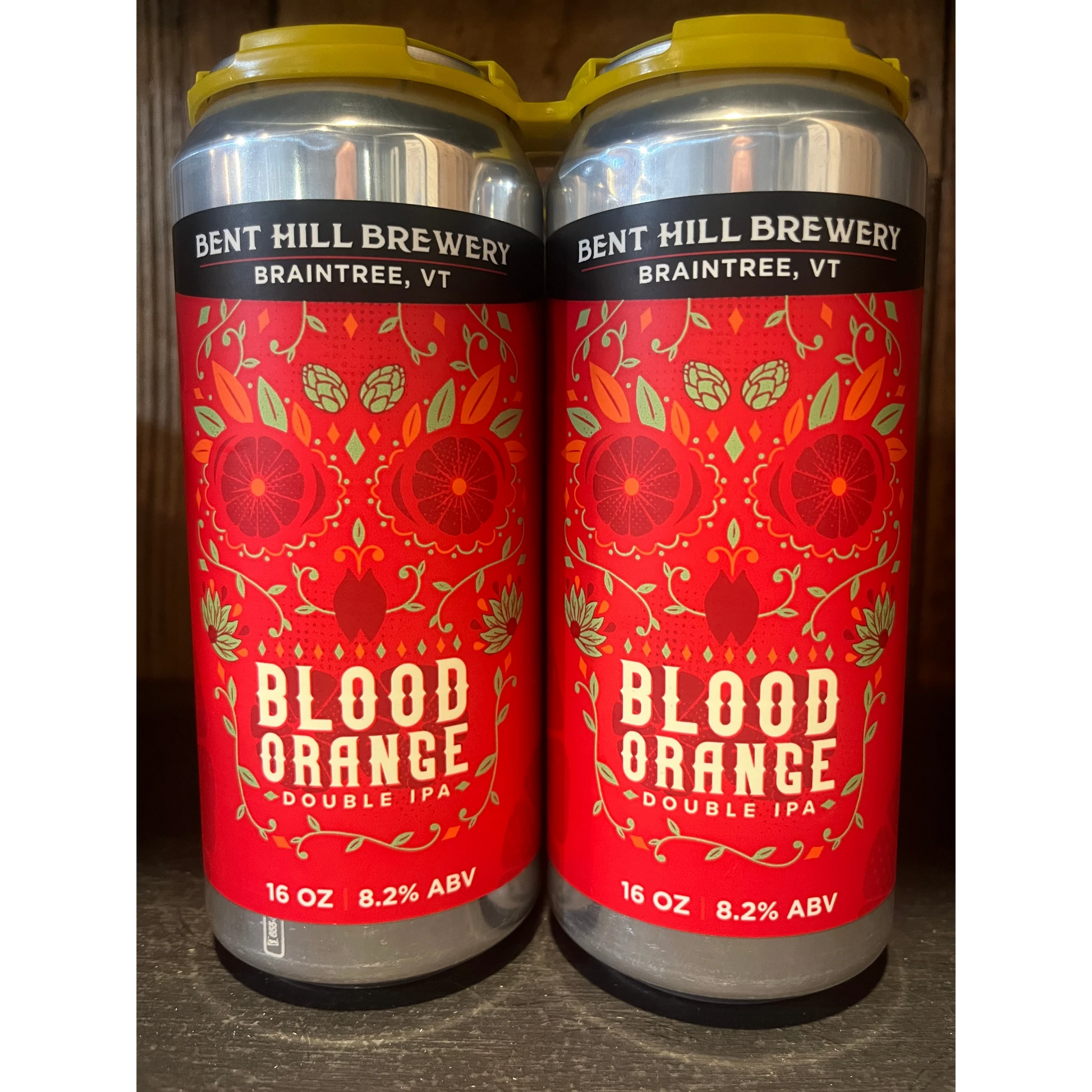 Stowe Public House & Bottle Shop Bent Hill Brewery Blood Orange Double IPA cans. Red cans with orange and green floral design.