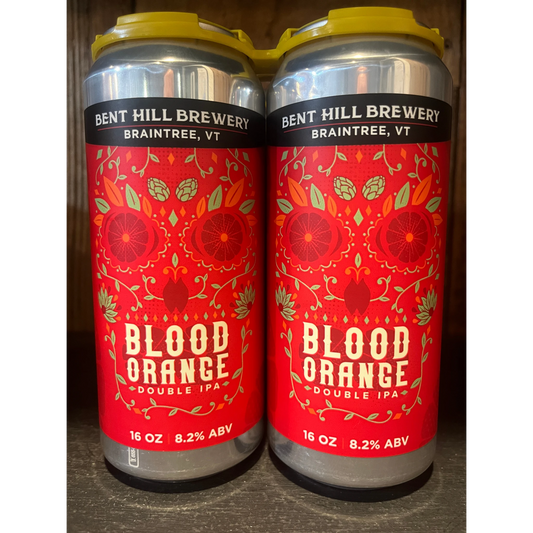 Stowe Public House & Bottle Shop Bent Hill Brewery Blood Orange Double IPA cans. Red cans with orange and green floral design.