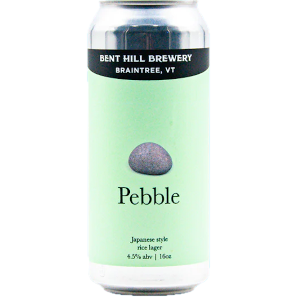 Stowe Public House & Bottle Shop: Bent Hill Brewery Pebble Japanese Rice Lager can with a light green background and a grey pebble graphic.