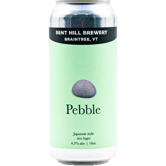 Stowe Public House & Bottle Shop: Bent Hill Brewery Pebble Japanese Rice Lager can with a light green background and a grey pebble graphic.