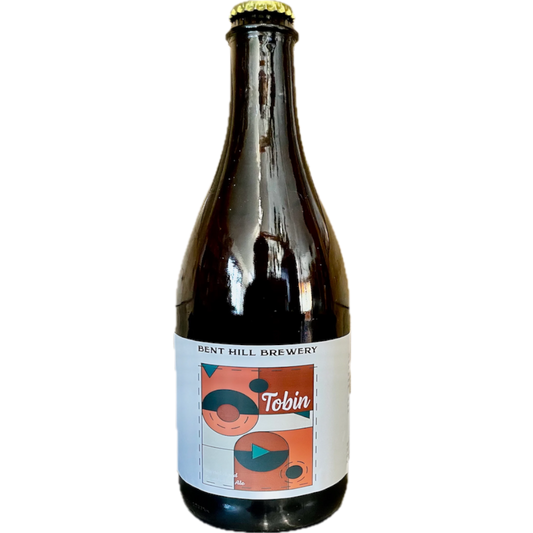 Stowe Public House & Bottle Shop: Bent Hill Brewery Tobin farmhouse ale in a dark glass bottle with a white label featuring abstract orange and teal geometric designs.