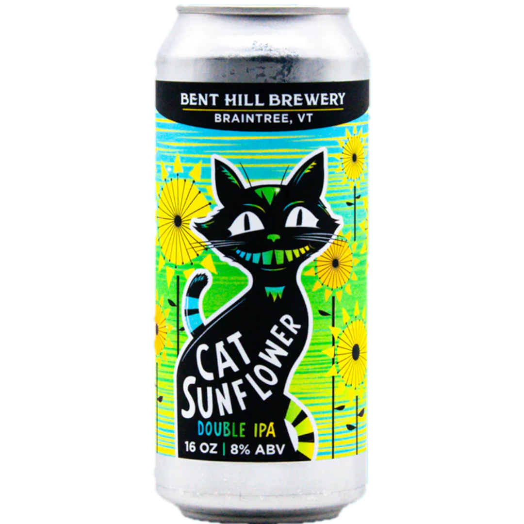 Stowe Public House & Bottle Shop Bent Hill Brewery Cat Sunflower DIPA, a double IPA with Citra & Mosaic hops, features a black cat with green accents against a yellow and blue sunflower background.