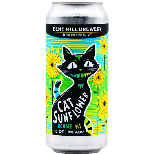 Stowe Public House & Bottle Shop Bent Hill Brewery Cat Sunflower DIPA, a double IPA with Citra & Mosaic hops, features a black cat with green accents against a yellow and blue sunflower background.