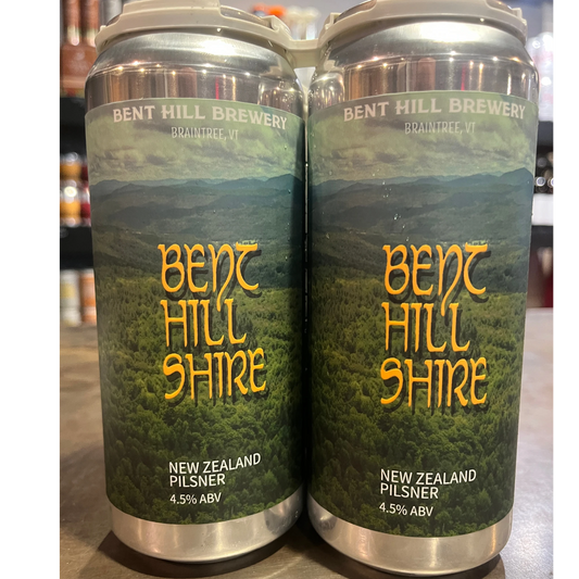 Stowe Public House & Bottle Shop: Bent Hill Shire New Zealand Pilsner beer cans, 4.5% ABV, featuring a landscape of green hills and yellow text.