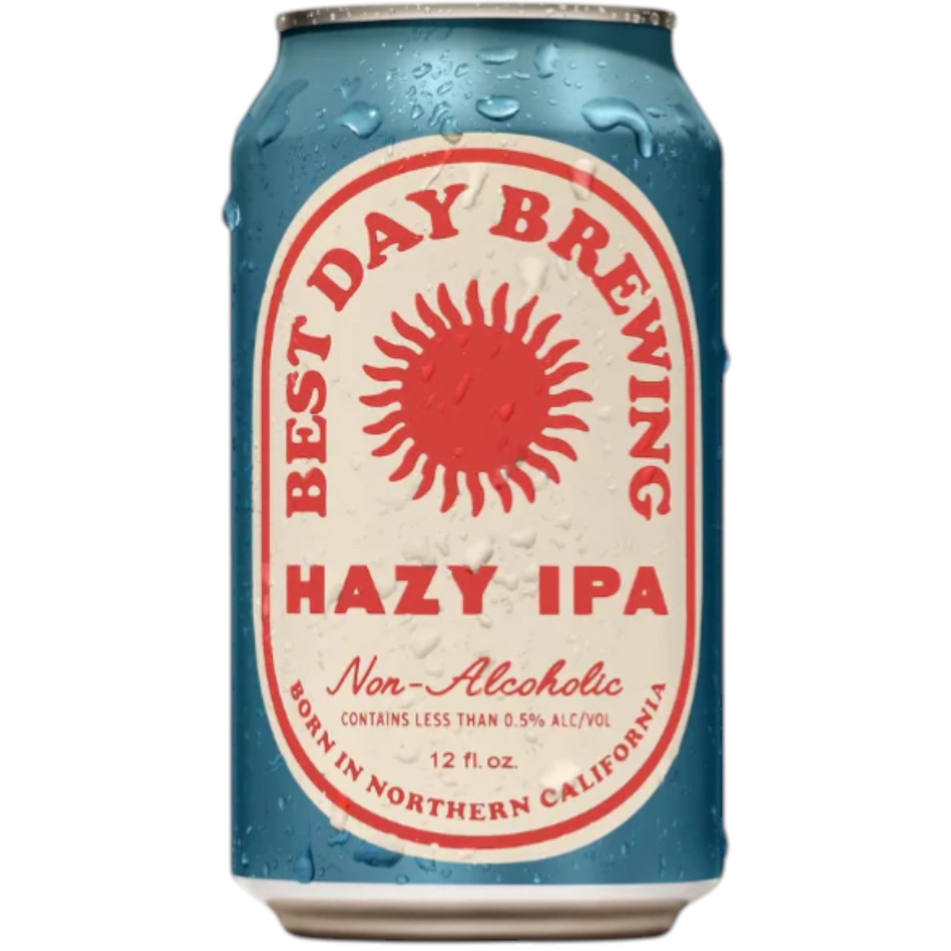 Stowe Public House Best Day Hazy IPA non-alcoholic beer can with a blue and red label featuring a sun graphic.