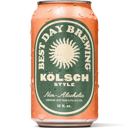 Stowe Public House Best Day Kolsch Style Non-Alcoholic beer can. Orange can with green label featuring a sun graphic.