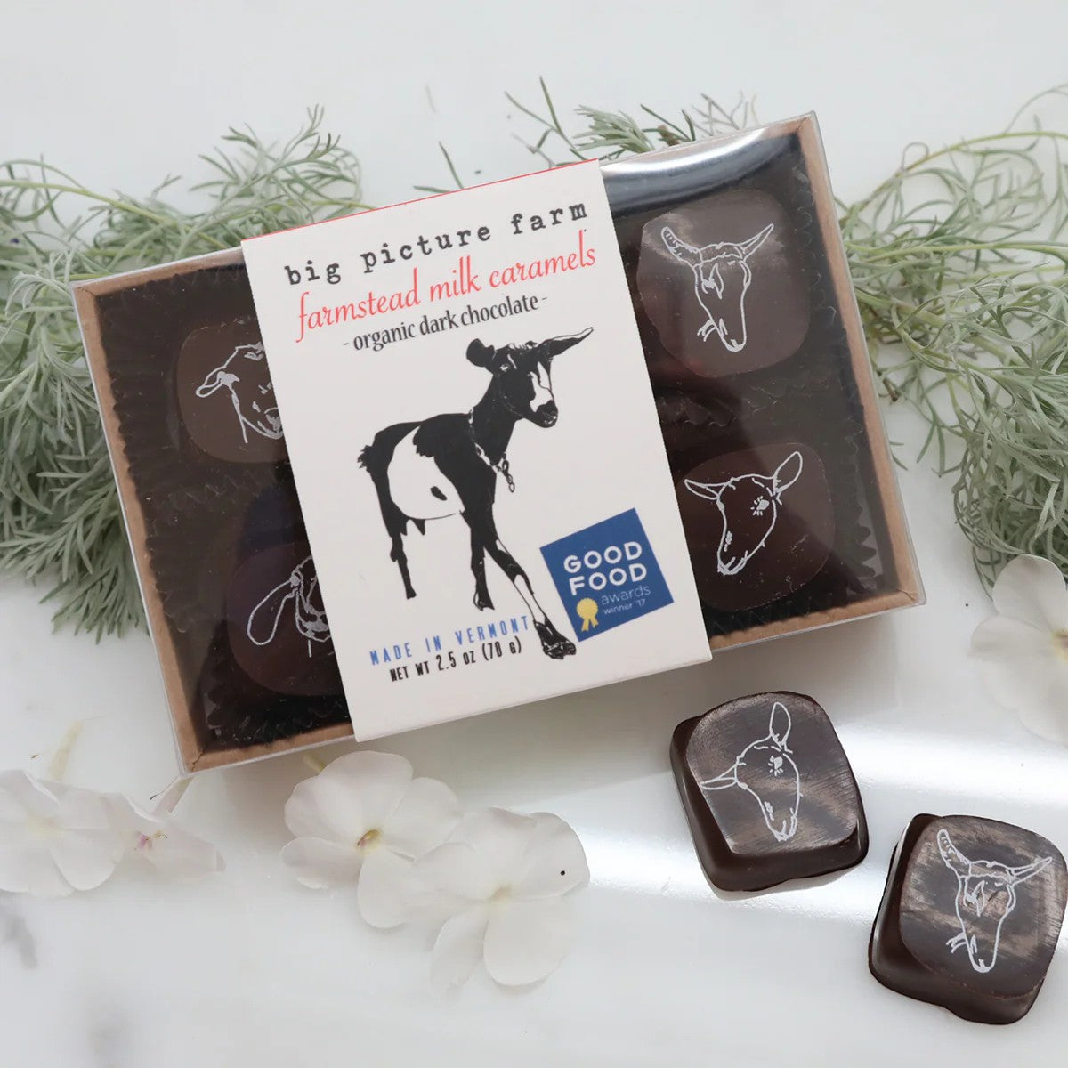 Stowe Public House & Bottle Shop's 6-piece box of Big Picture Farm dark chocolate sea salt caramels, each topped with a goat imprint.