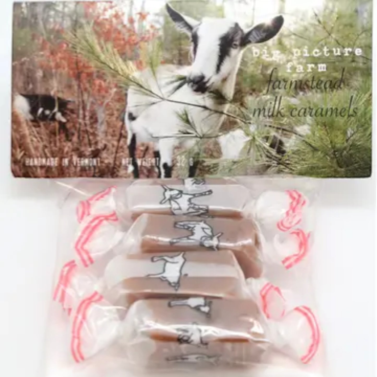 Stowe Public House Big Picture Farm sea salt vanilla caramels, 4 individually wrapped goat milk caramels.