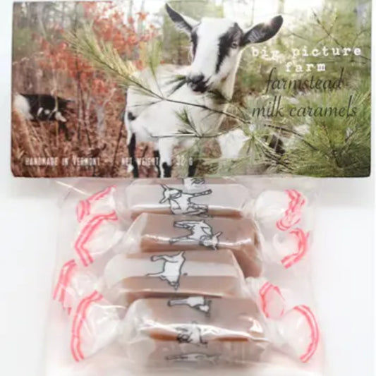 Stowe Public House Big Picture Farm sea salt vanilla caramels, 4 individually wrapped goat milk caramels.