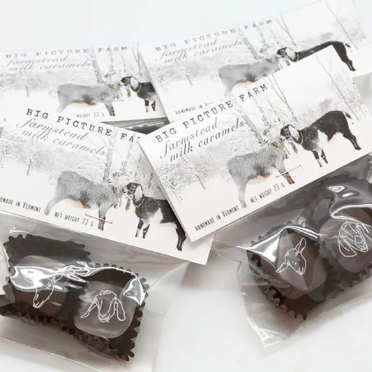 Stowe Public House & Bottle Shop Big Picture Farm chocolate covered caramels with goat illustration.