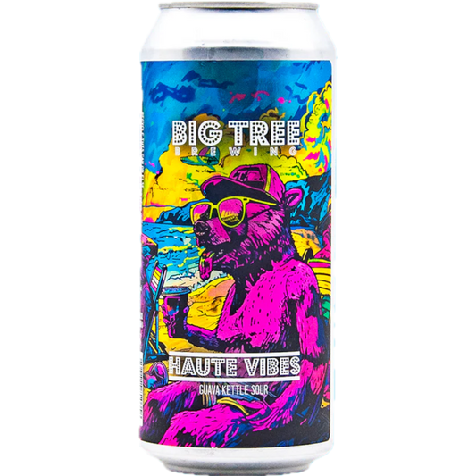 Stowe Public House & Bottle Shop Big Tree Haute Vibes Guava Kettle Sour can with a pink bear wearing sunglasses and a hat.