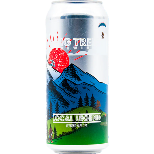 Stowe Public House & Bottle Shop Big Tree Local Legend Vermont Hazy IPA can with mountain and sun graphic.