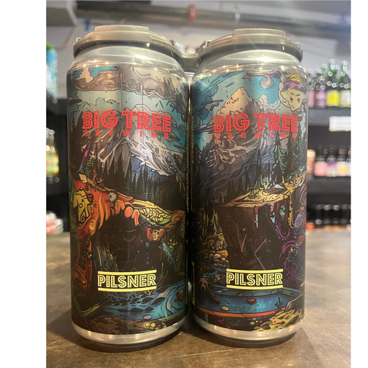 Stowe Public House & Bottle Shop Big Tree Pilsner beer cans with colorful, surreal mountain and nature artwork.