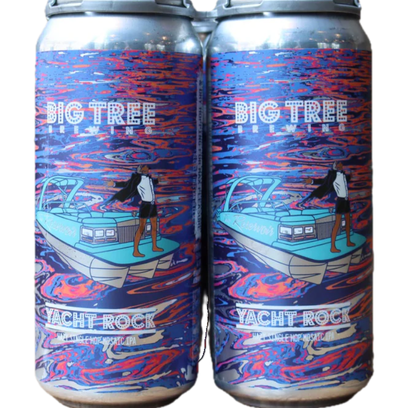 Stowe Public House & Bottle Shop Big Tree Yacht Rock Hazy Single Hop Mosaic IPA can with vibrant blue, orange, and pink abstract art.