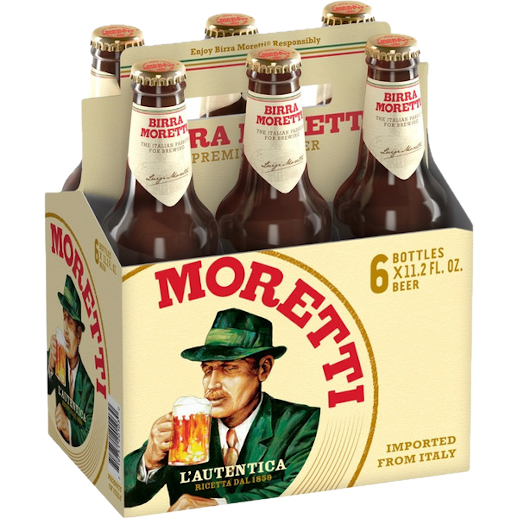 Stowe Public House & Bottle Shop: 6-pack of Birra Moretti L'Autentica Italian lager beer bottles, golden colour, 4.6% ABV.