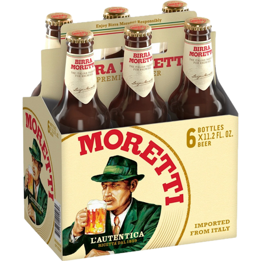 Stowe Public House & Bottle Shop: 6-pack of Birra Moretti L'Autentica Italian lager beer bottles, golden colour, 4.6% ABV.