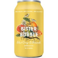 Stowe Public House Bitter Bubble Blood Orange & Chamomile non-alcoholic soda can. Features citrus and floral design.