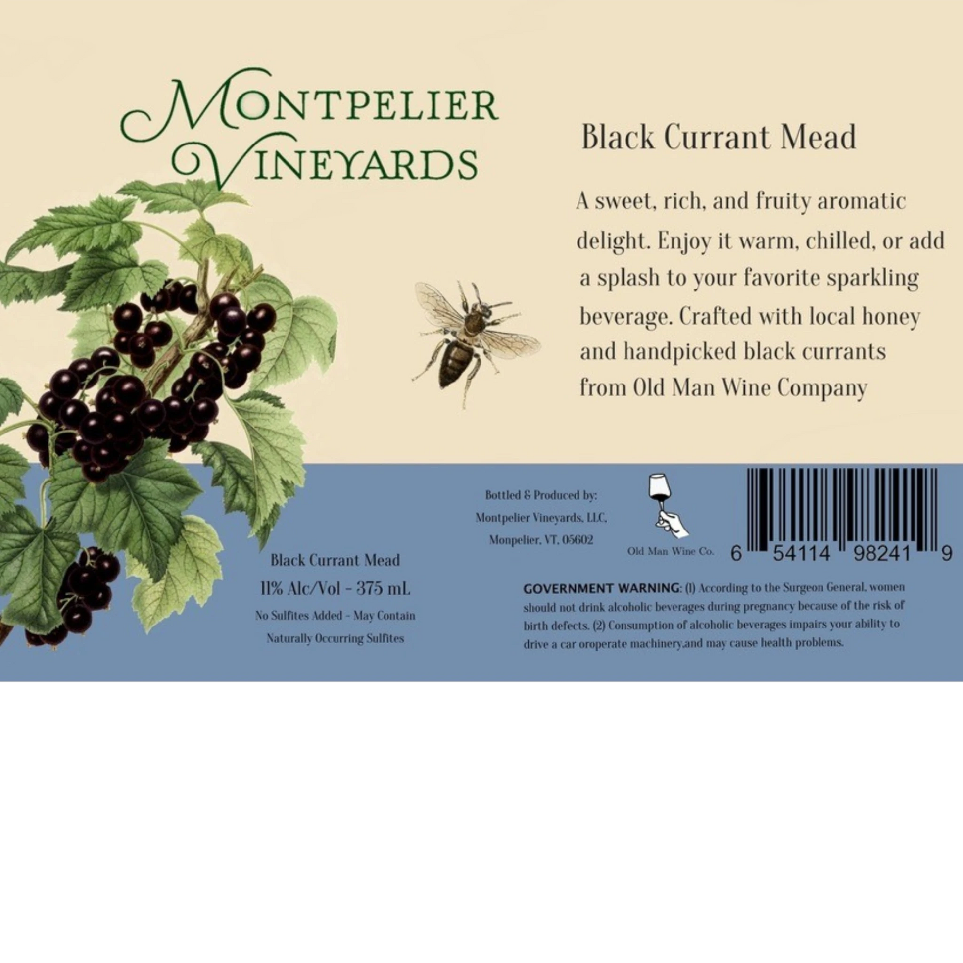 Stowe Public House & Bottle Shop Montpelier Vineyards Black Currant Mead with black currants and bee illustration.