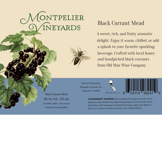 Stowe Public House & Bottle Shop Montpelier Vineyards Black Currant Mead with black currants and bee illustration.
