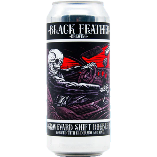 Stowe Public House Black Feather Brewing Graveyard Shift DIPA can with skeleton driving. Brewed with El Dorado and Vista hops.