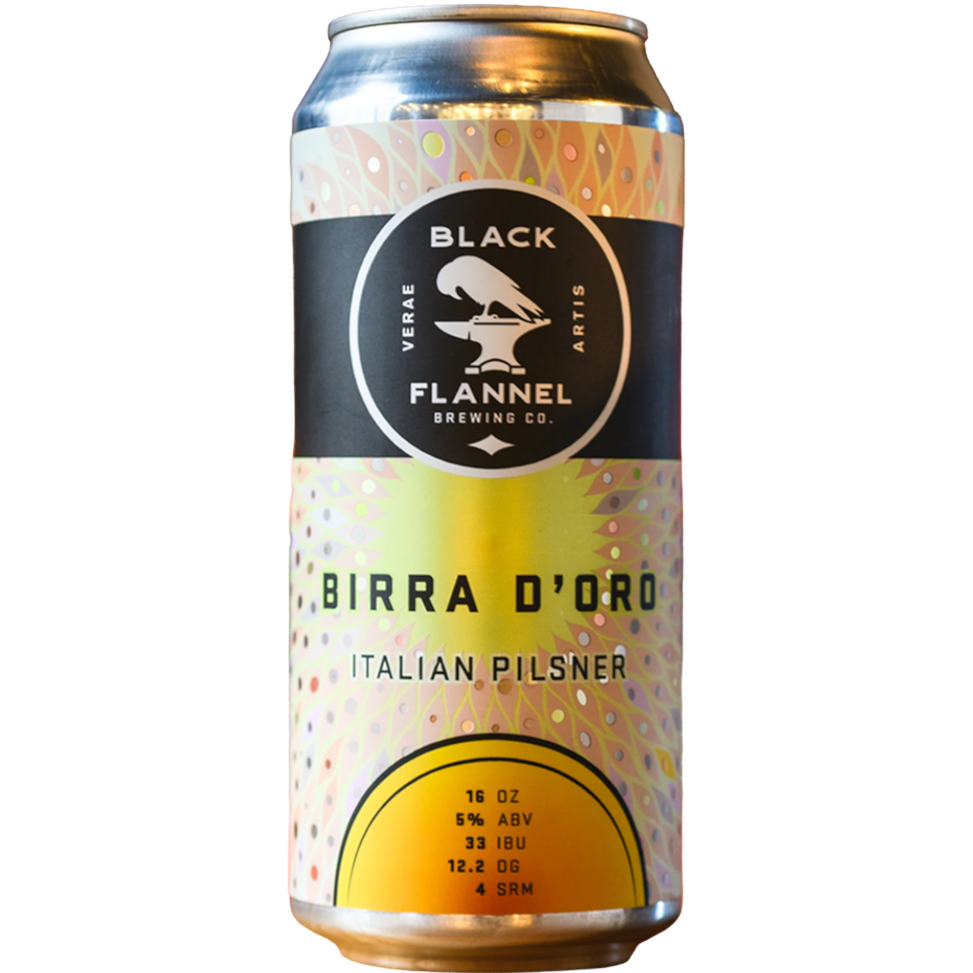 Stowe Public House & Bottle Shop Black Flannel Birra D'Oro Italian Pilsner can. Unfiltered lager with earthy, herbal hops and light malt.