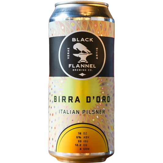 Stowe Public House & Bottle Shop Black Flannel Birra D'Oro Italian Pilsner can. Unfiltered lager with earthy, herbal hops and light malt.