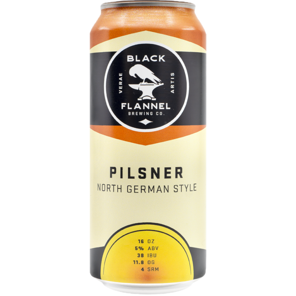 Stowe Public House & Bottle Shop Black Flannel Pilsner can, North German Style, 16 oz, 5% ABV, 38 IBU.