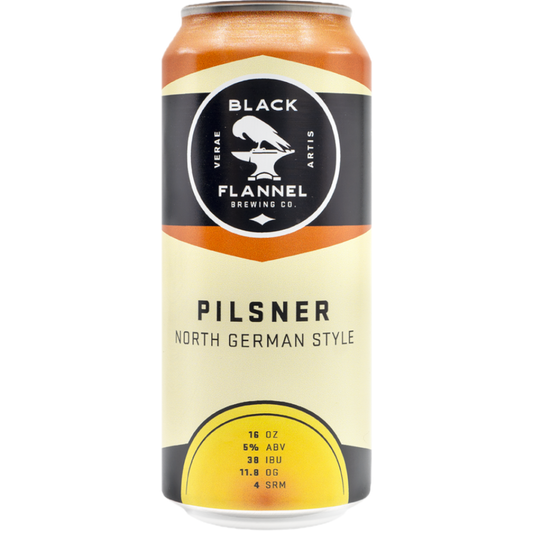Stowe Public House & Bottle Shop Black Flannel Pilsner can, North German Style, 16 oz, 5% ABV, 38 IBU.